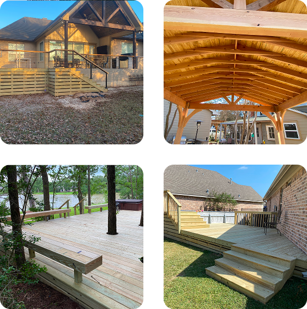 Various wooden decks and pergolas in outdoor settings.