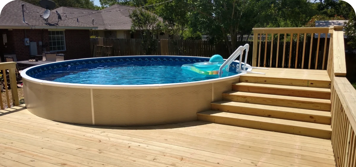 Above-ground pool with deck and float.